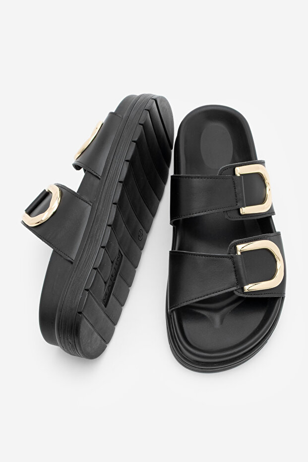 Női valódi bőr arany csat részletes vastag talpú napi papucs Merpe fekete - 8