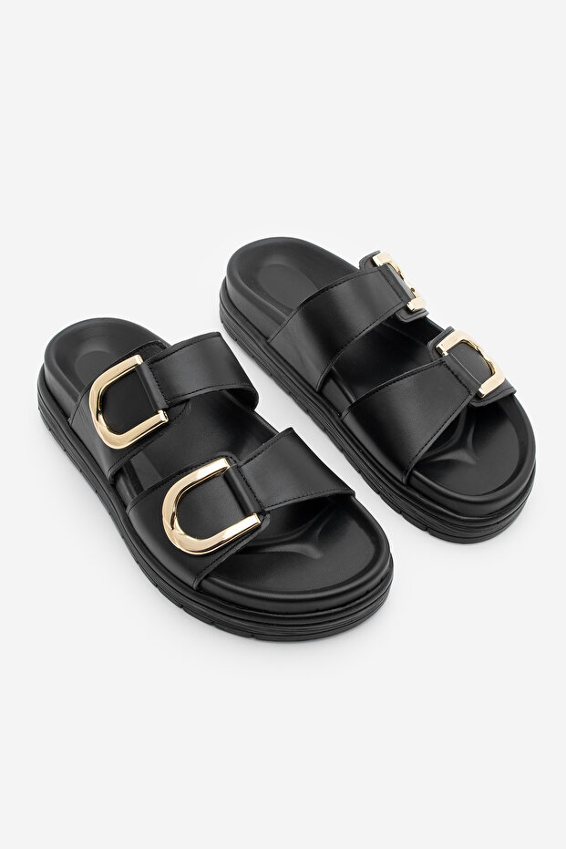 Női valódi bőr arany csat részletes vastag talpú napi papucs Merpe fekete - 5