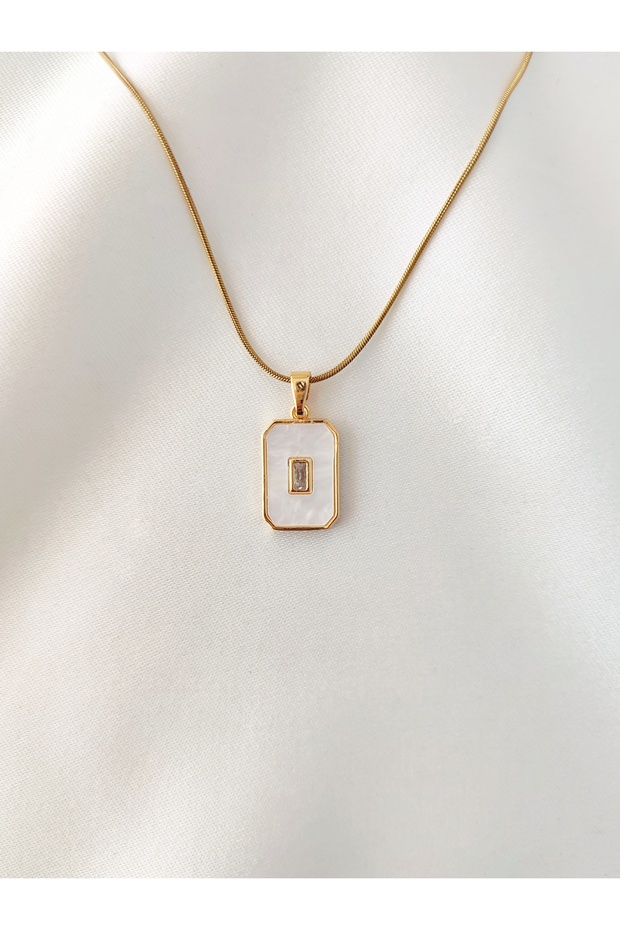 Women's Stainless Steel Zircon Stone Rectangular Mother of Pearl Necklace
