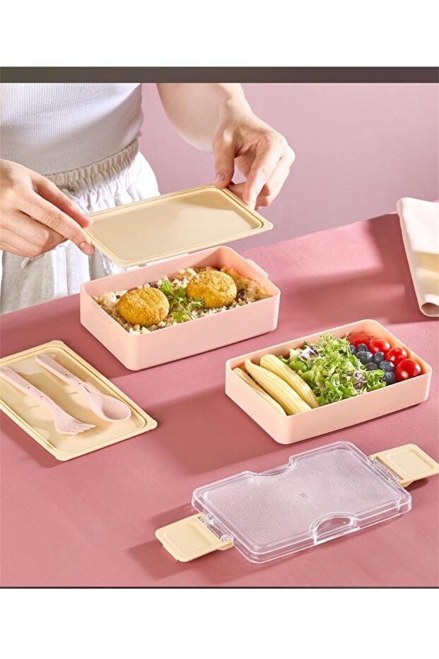 Layers Pink 2 Tier Storage Container Lunch Box with Fork and Spoon - Lunch Box with Nutrition Compartments - 4