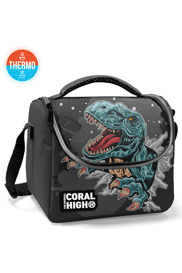 Kids Dark Gray Black Dinosaur Patterned Thermo Lunch Bag 11837