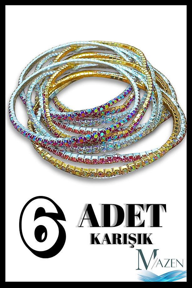 6 Adet Karışık Lastikli Suyolu Bileklik Zirkon Taşlı - 1