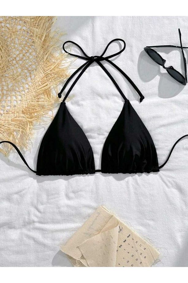 Kadın SİYAH Yandan Ve Boyundan Şort Bağlamalı Tangalı Üçgen Bikini Gecelik Deniz Takımı - 4