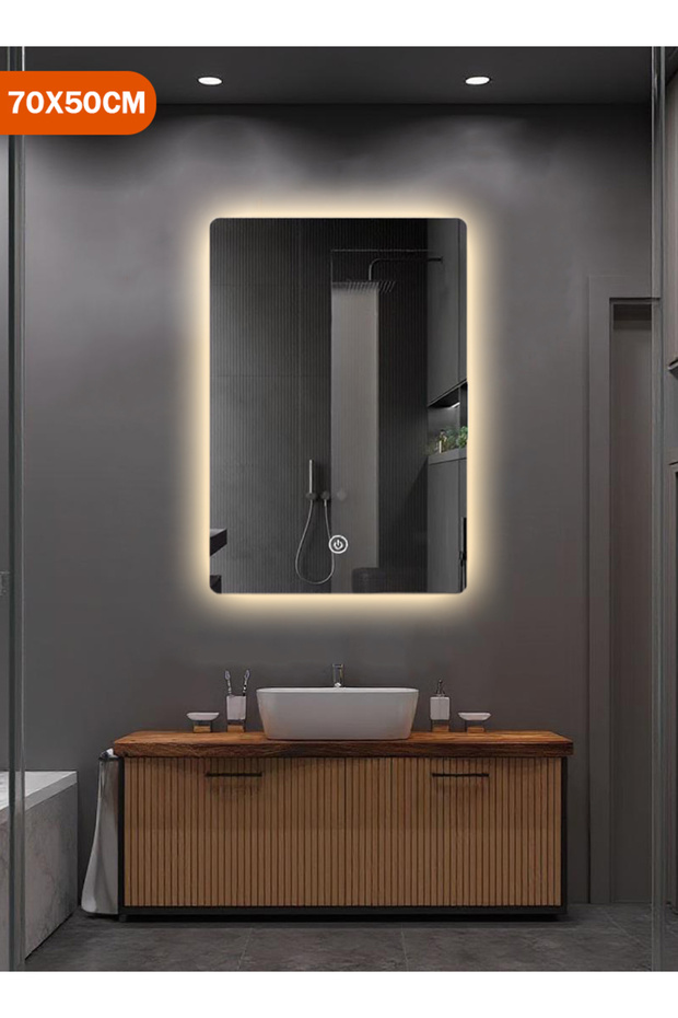 مرآة حائط 70×50 سم - مرآة بتصميم أنيق مع 3 مستويات إضاءة، مرآة مكياج لغرفة الملابس، مدخل