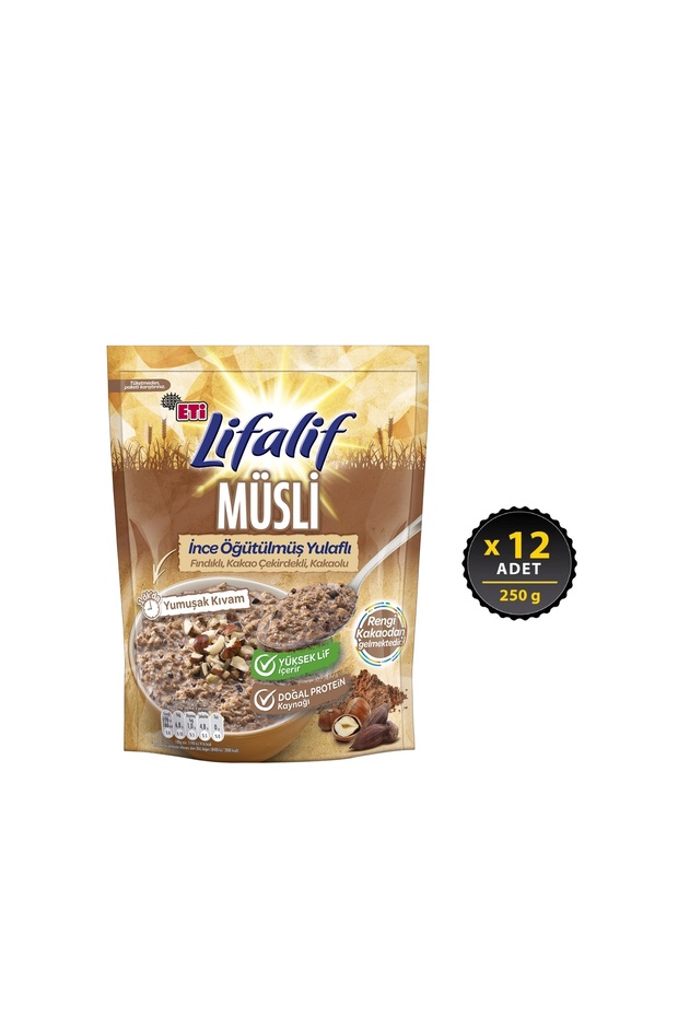 Lifalif Fine Ground Oatmeal with Hazelnuts, Cocoa Bean, Cocoa Muesli 250 g X 12 Pcs