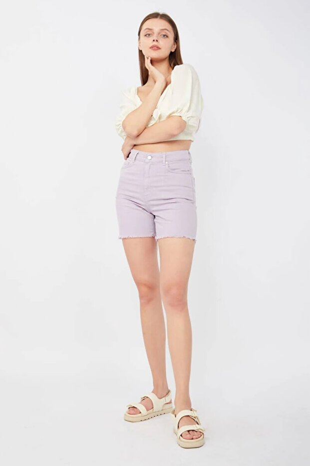 Kadın Basic Paçası Kesik Jen Şort Lila - 3