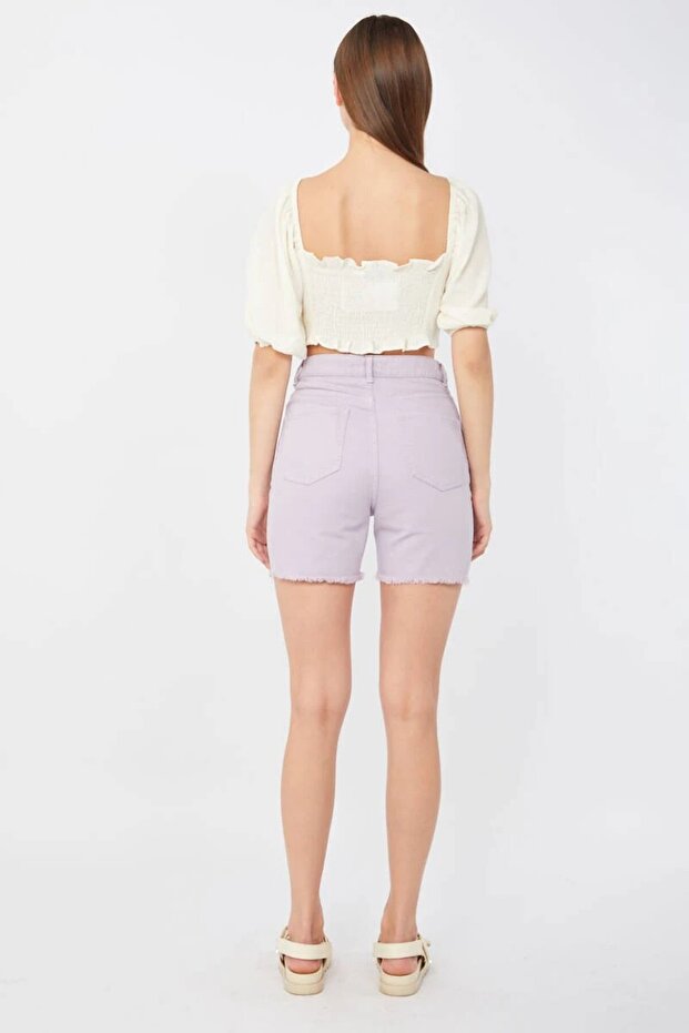 Kadın Basic Paçası Kesik Jen Şort Lila - 5