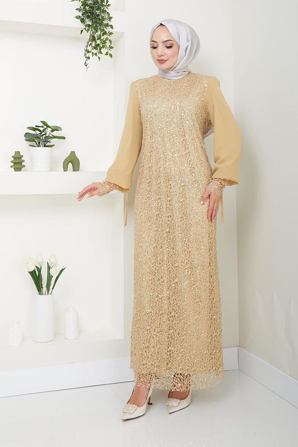 Kadın Giyim Abiye Moda File Pullu Güllü Tesettür Abiye Elbise 2517 - 1