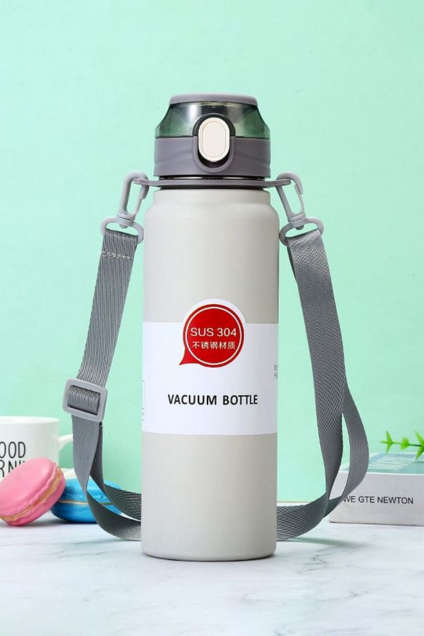 304 L Çelik Gri 800 ml Askılı ve Pipetli Matara Suluk cin411gr-8 - 1