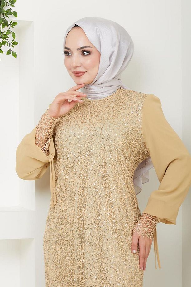 Kadın Giyim Abiye Moda File Pullu Güllü Tesettür Abiye Elbise 2517 - 3