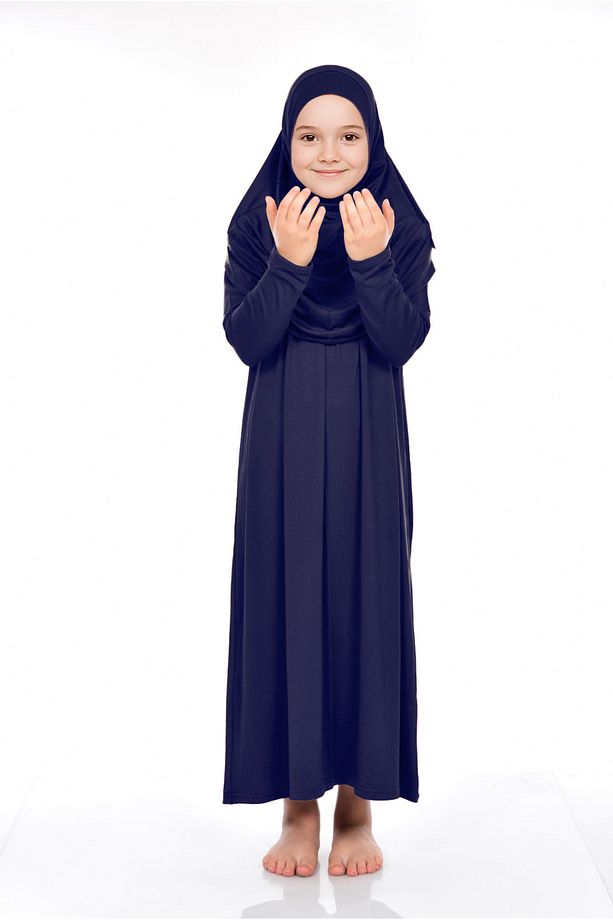 Pratik Başörtülü Tek Parça Kız Çocuk Namaz Elbisesi 9-11 Yaş Lacivert - 2