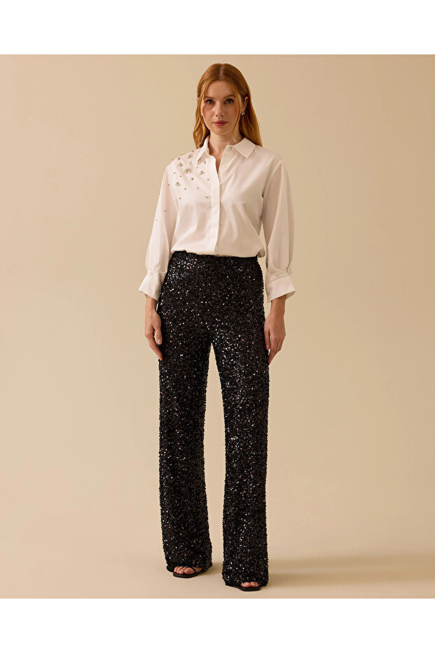 Payet İşlemeli Bol Paça Pantolon - 1