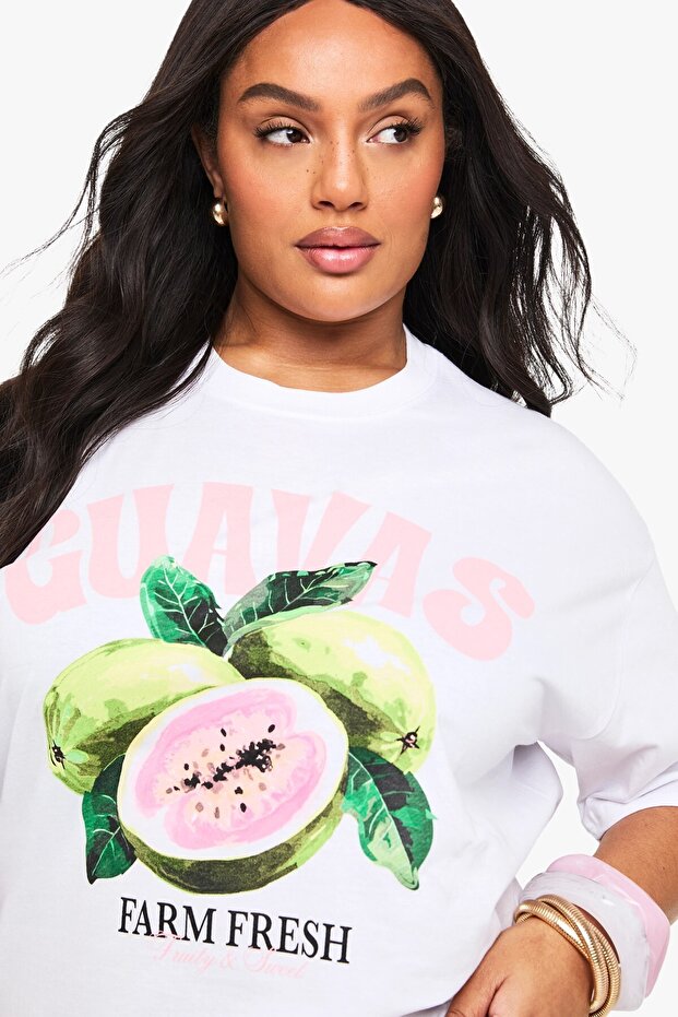 Plus Size Women's T-Shirt 100% Cotton White Oversize Guava Fruit Printed Summer