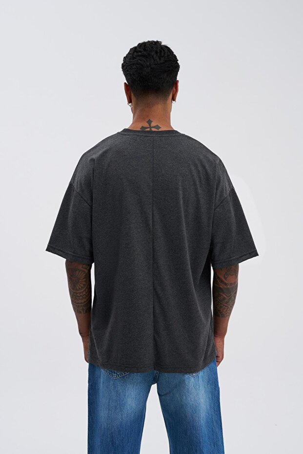 Erkek Basic Super Pamuklu Oversize Koyu Antrasit Tişört - 3
