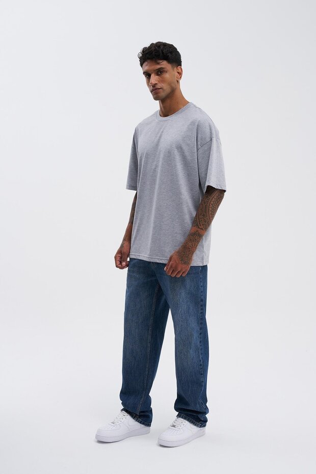 Erkek Basic Super Pamuklu Oversize Gri Melanj Tişört - 6