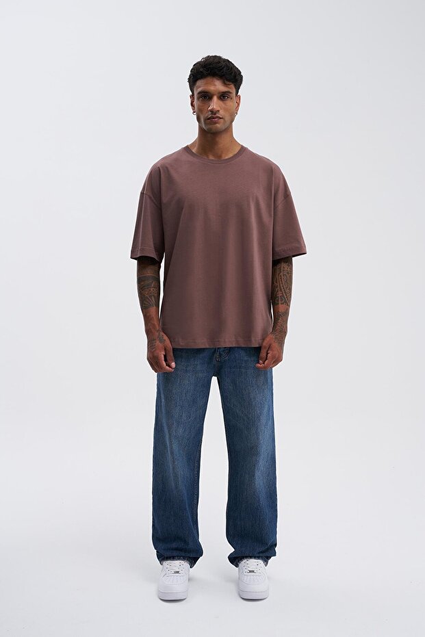 Erkek Basic Super Pamuklu Oversize Kakao Tişört - 6