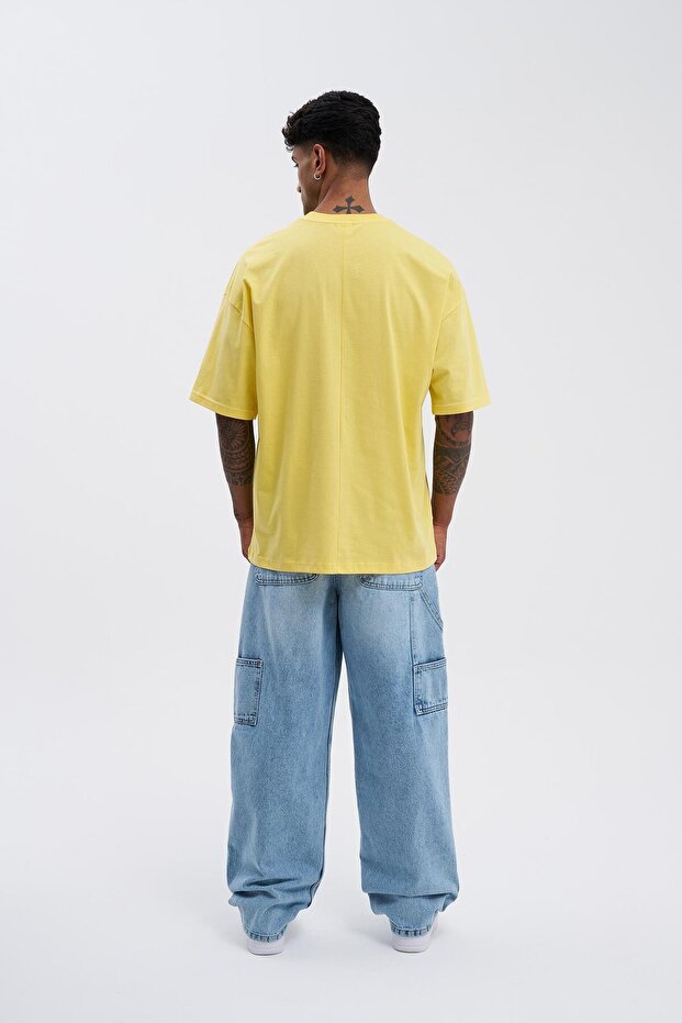 Erkek Basic Super Pamuklu Oversize Açık Sarı Tişört - 9