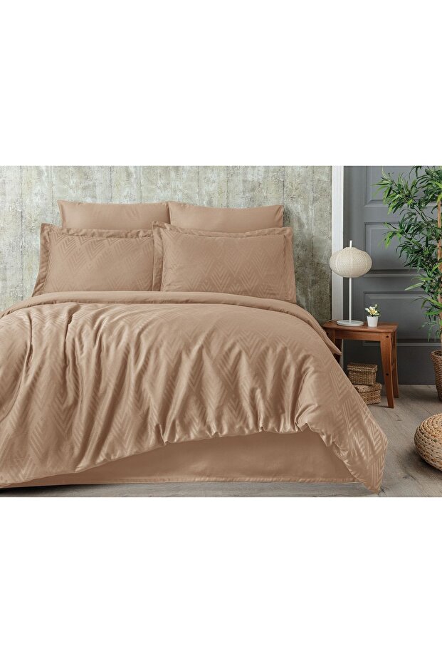 Tivoli Jacquard 100% Cotton Satin Double Duvet Cover Set - Diamond - Cappuccino - 200X220 cm