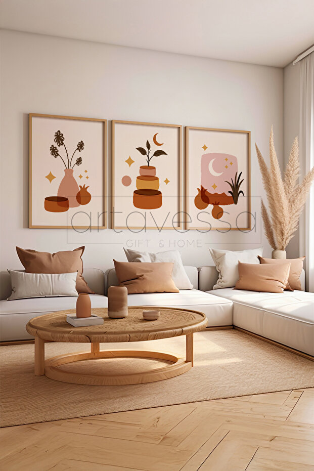 3 Piece Real Raw Wood Framed Painting Set - Model 6