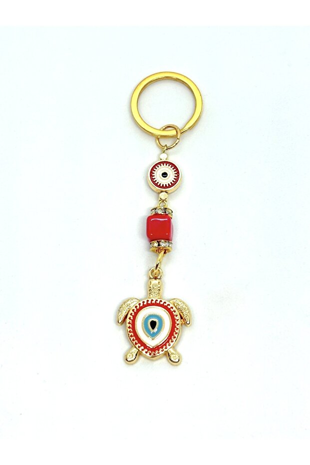 Red Turtle Stone Eye Metal Keychain, Metal Evil Eye Beaded Keychain Car Keychain