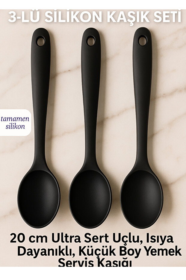Set of 3 Ultra Hard Tip Fireproof Non-Stick High Heat Resistant Silicone Spoons (Black)