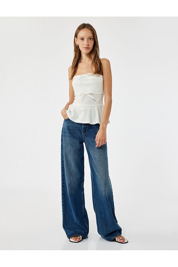 Straplez Yaka Fiyonklu Peplum Volanlı Kolsuz Bluz - 2