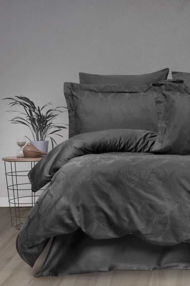 Tivoli Jacquard 100% Cotton Satin Double Duvet Cover Set -Aura Anthracite