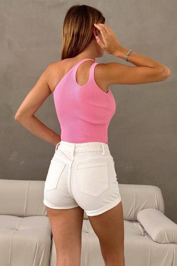 Tek Omuz Detaylı Ribana Dokulu Pembe Triko Bluz 0300 - 6