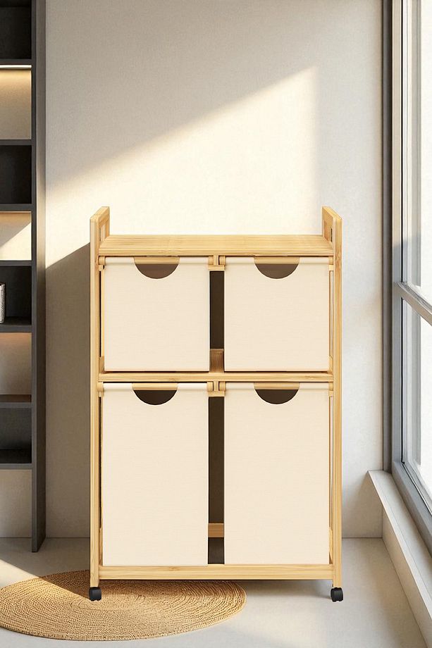 Bambu 4 Bölmeli Kirli Sepetli Çamaşır Sepeti Raflı Banyo Düzenleyici DB-0018 - 4