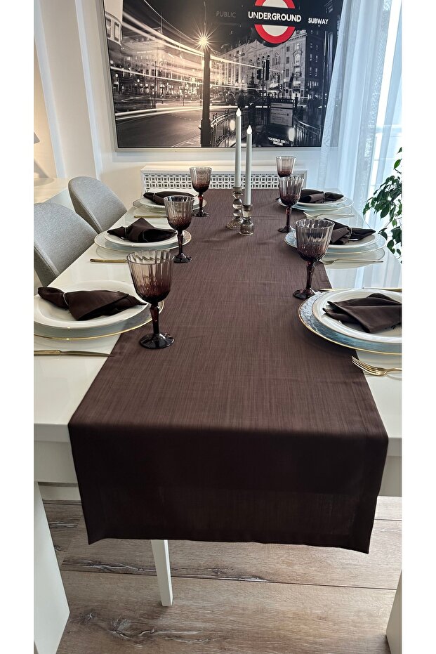 Keten Dokulu Kahverengi Runner Dertsiz Kumaş 1 Ad Runner - 2