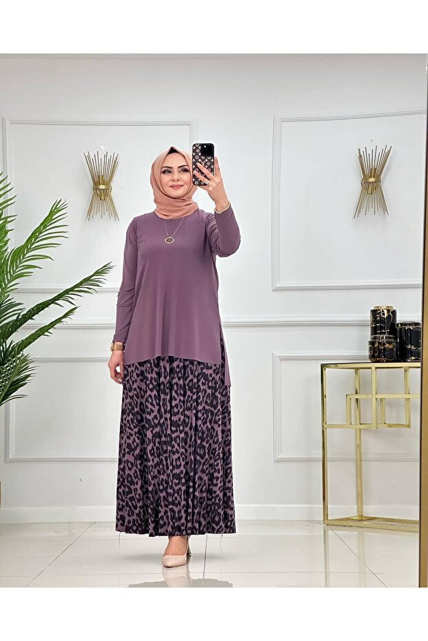 Leopard Patterned Sandy Skirt Suit - 1