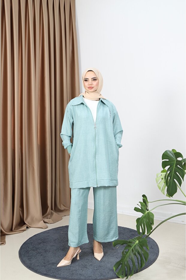 Zippered Linen Blend Suit