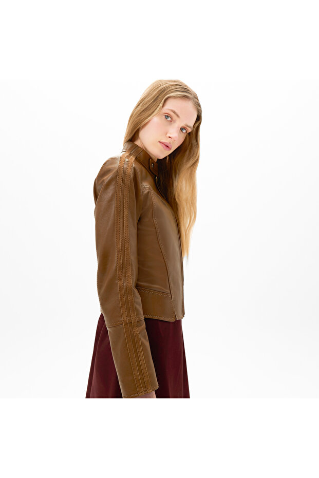 Kadın Taba Deri Biker Ceket - 2