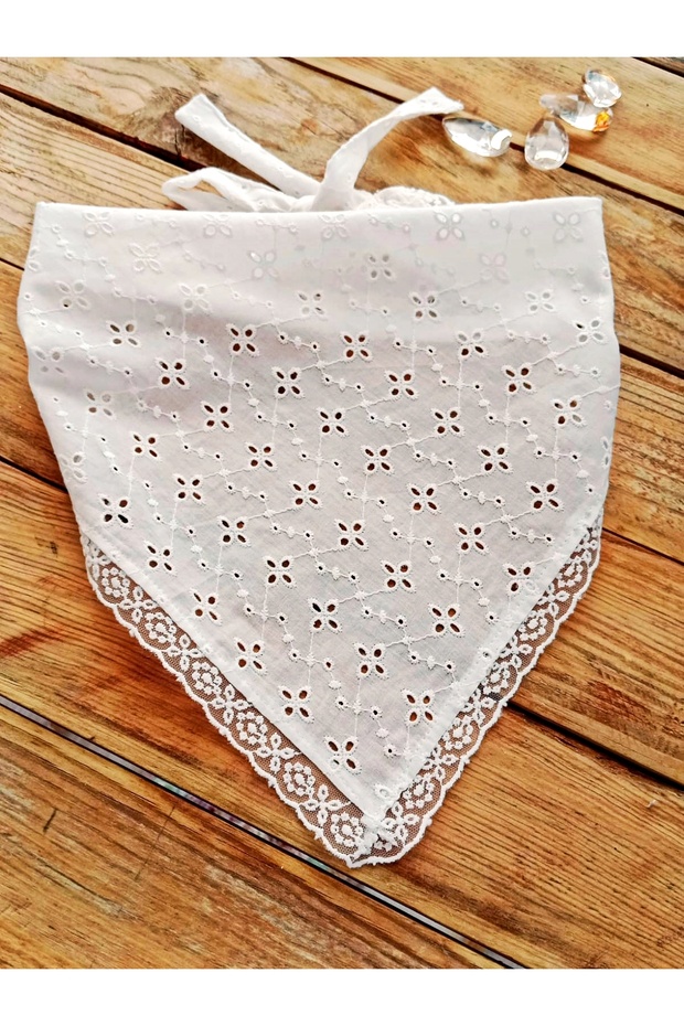 Handmade, Embroidered Cotton Fabric - Lace Detail - Lace-Up Bandana - Vintage Triangle Style