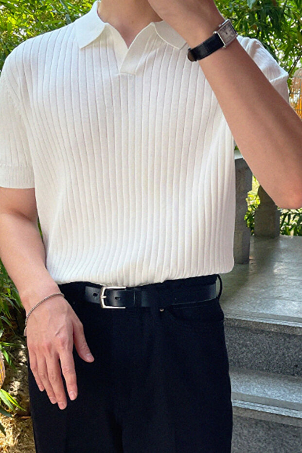 Men's Matte White Slim Fit Ribbed Polo Neck Knitwear T-Shirt