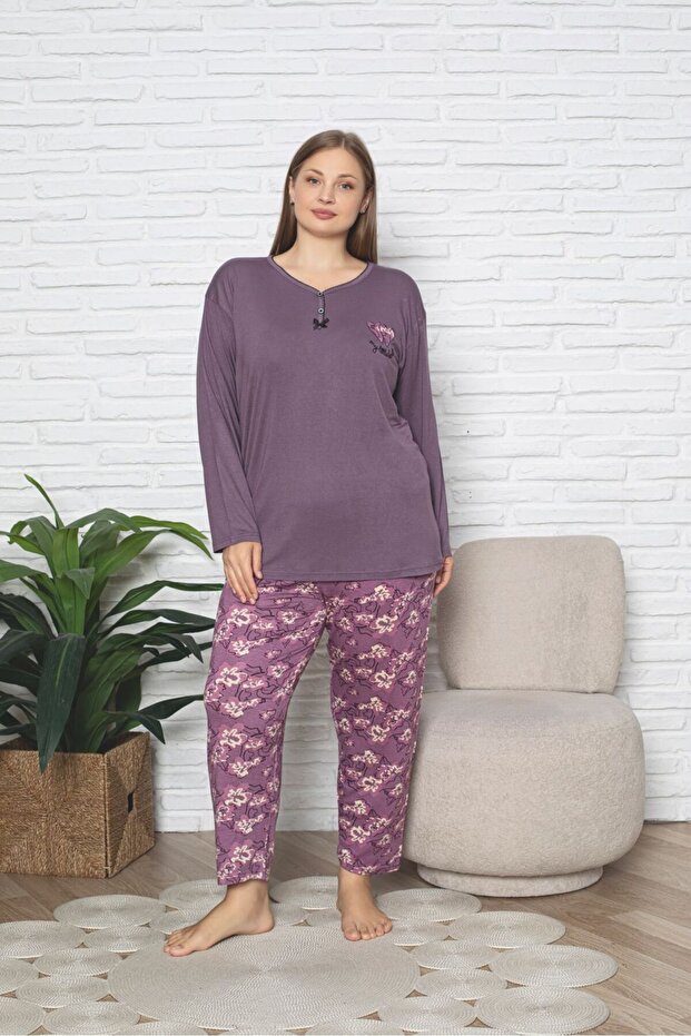 طقم بيجامة من القطن الممشط من الليكرا مقاس كبير - 1