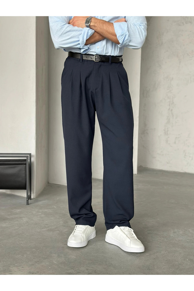 Navy Blue Pleated Baggy Fabric Pants