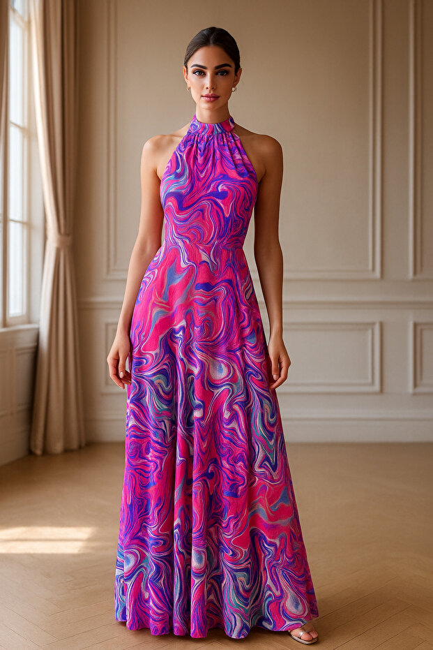 Halter Neckline Tulle Detail Long Evening Dress