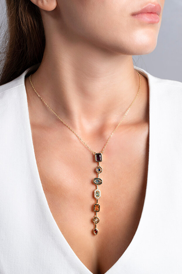 Women's 7 Element Colorful Chakra Necklace / Gold Plated - Y Necklace - Does Not Darken