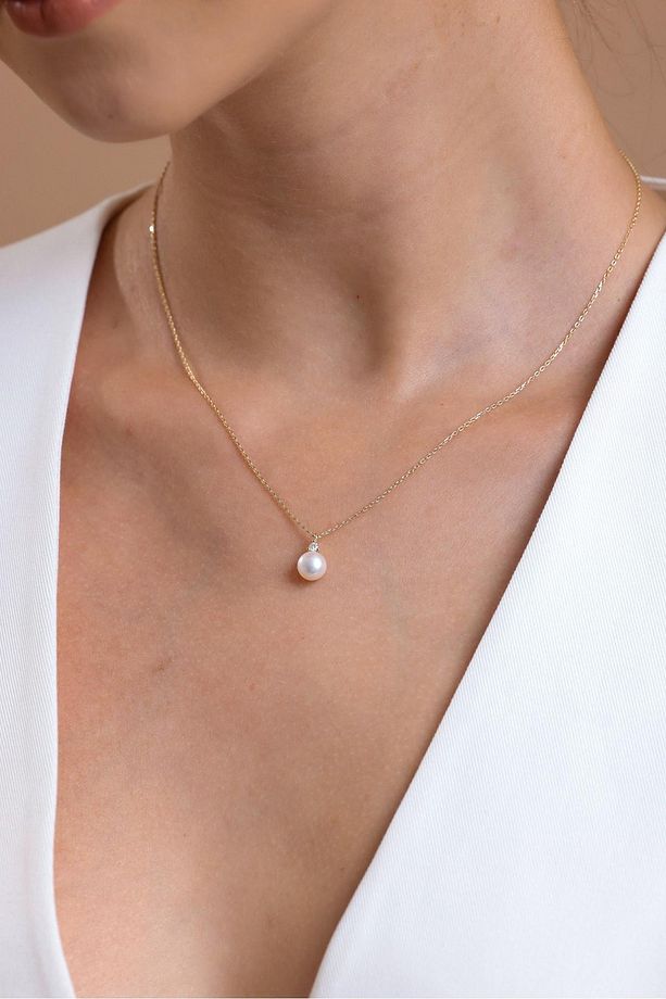 14 Ayar Altın Ct 0,12 Pırlantalı Tek Inci Kolye Küpe Set - 2