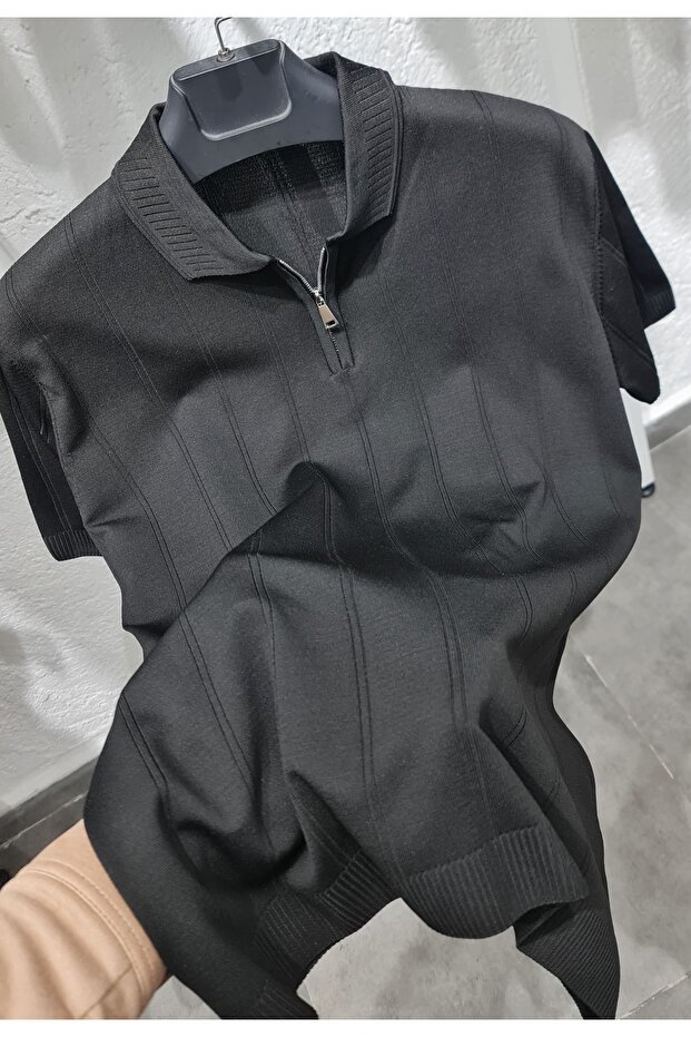 Men's Black Zippered Polo Neck Knitwear T-Shirt