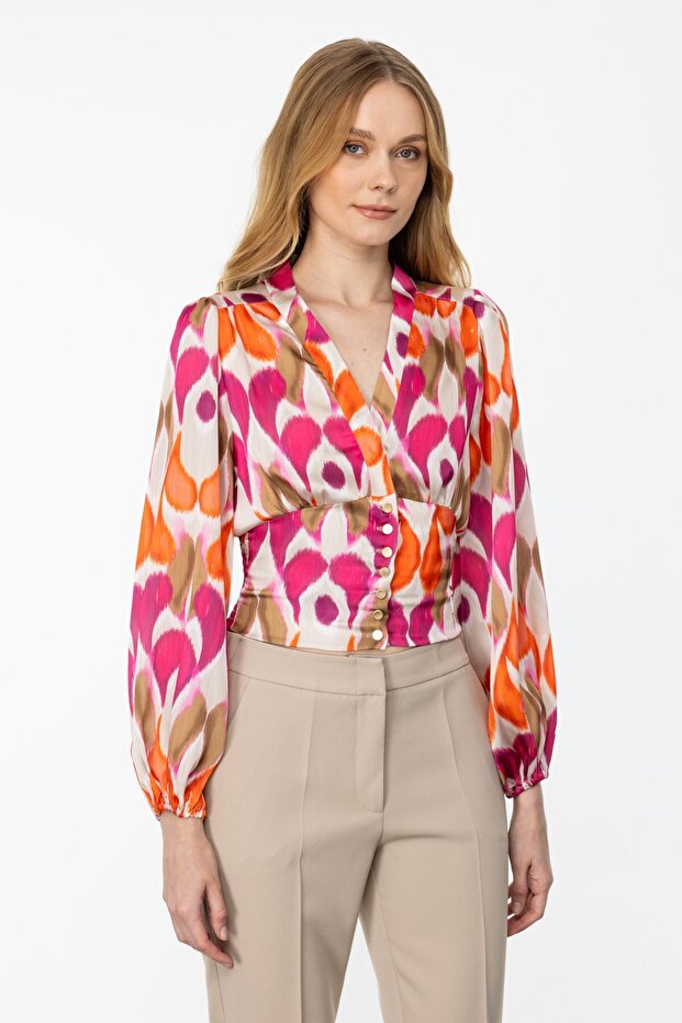 Orange V-Neck Patterned Buttoned Blouse - 1
