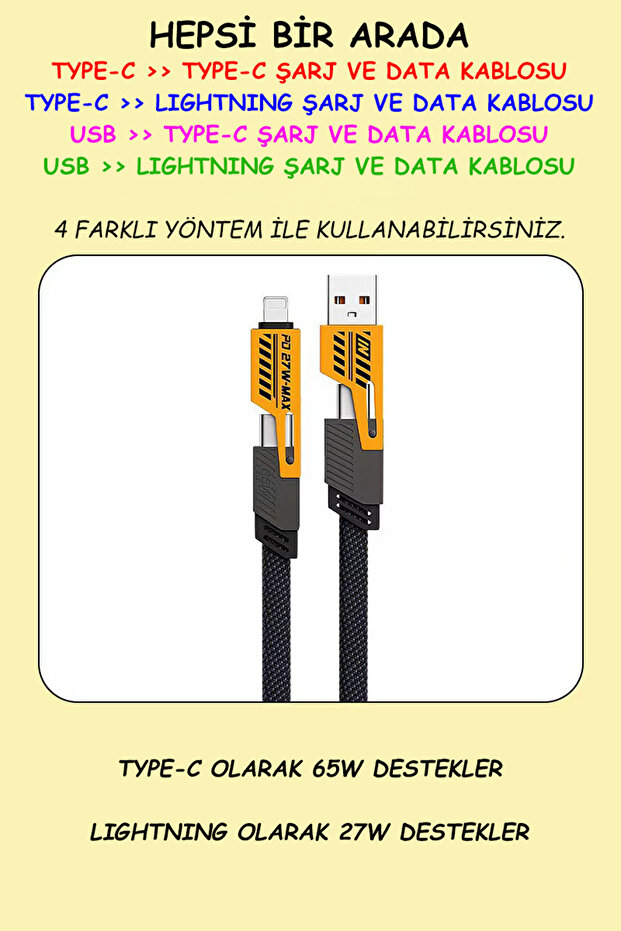4'ü 1 Arada Hızlı Şarj Kablosu Type-c 65w Lightning 27w + USB ve USB-C Veri Aktarım Kablosu - 2