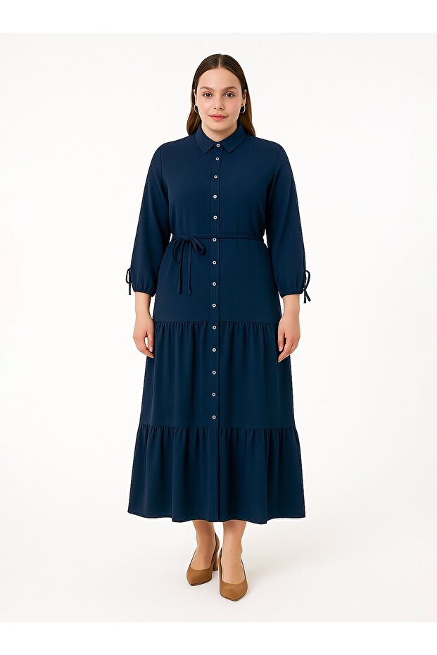 Plus Size Button Front Shirt Collar Dress with Tie Detail - Navy Blue -