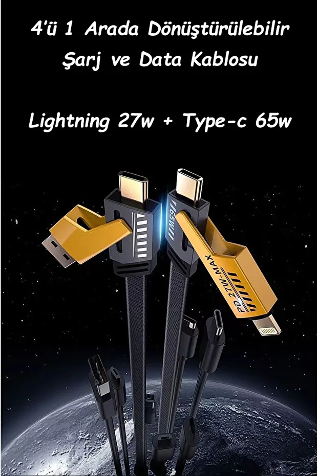 4'ü 1 Arada Hızlı Şarj Kablosu Type-c 65w Lightning 27w + USB ve USB-C Veri Aktarım Kablosu - 1