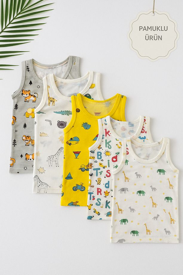 Erkek Çocuk %95 Pamuklu Sarı Fil Desen 5'li Set Atlet - 1