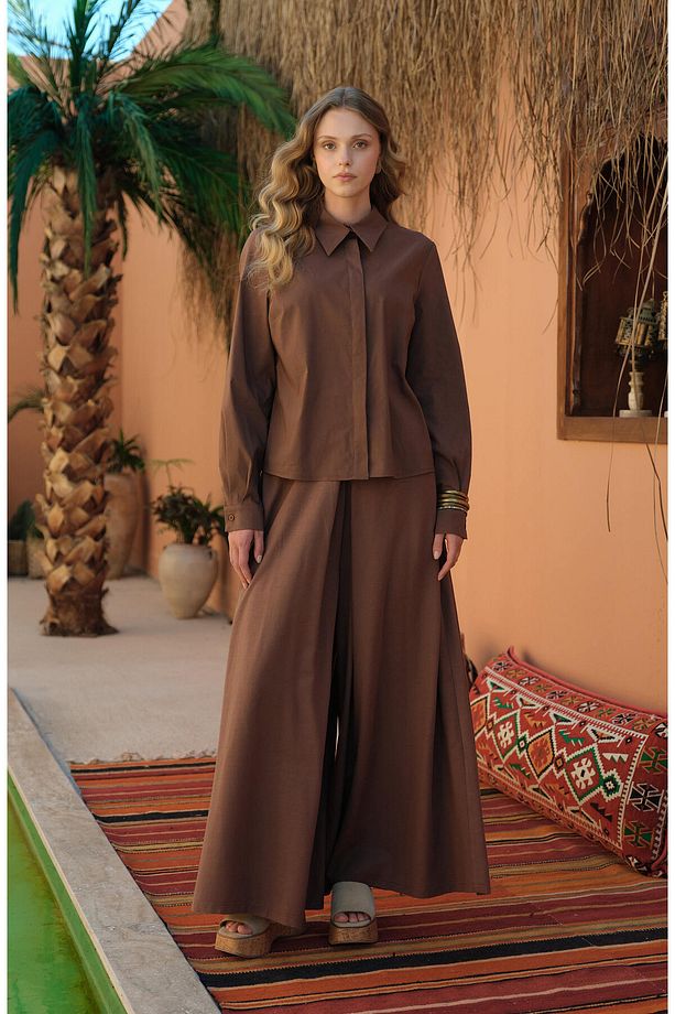 Keten Kahve Etek Pantolon - 2