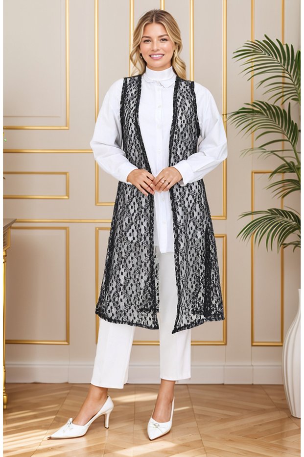 Slim Fit Lace Piece Long Vest Set, Women's Vest Piece Without Front Closure