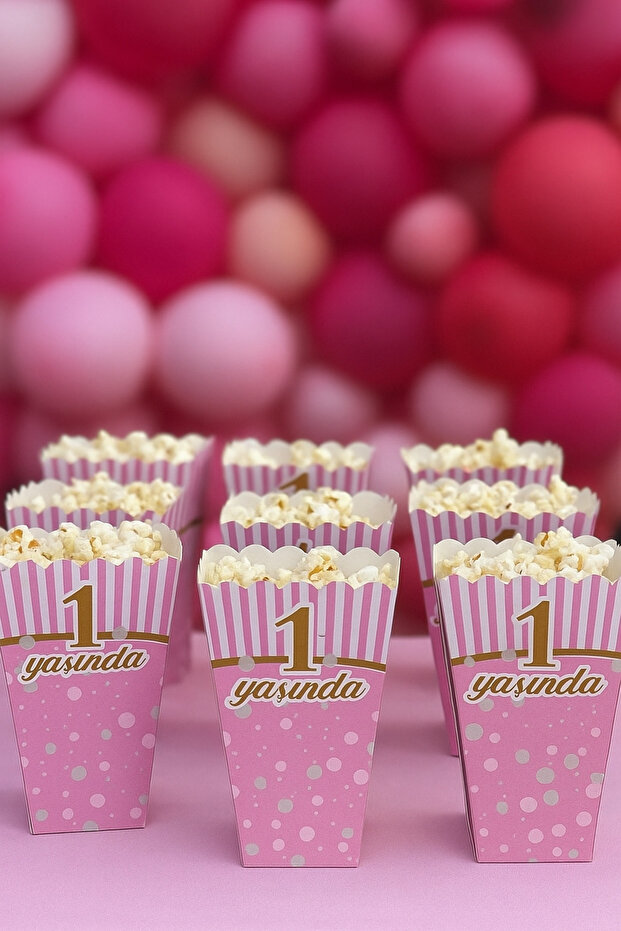 1 Year Old Girl's Birthday Pink Popcorn Corn Box – 8 Pieces Corn Box Party Decoration Box