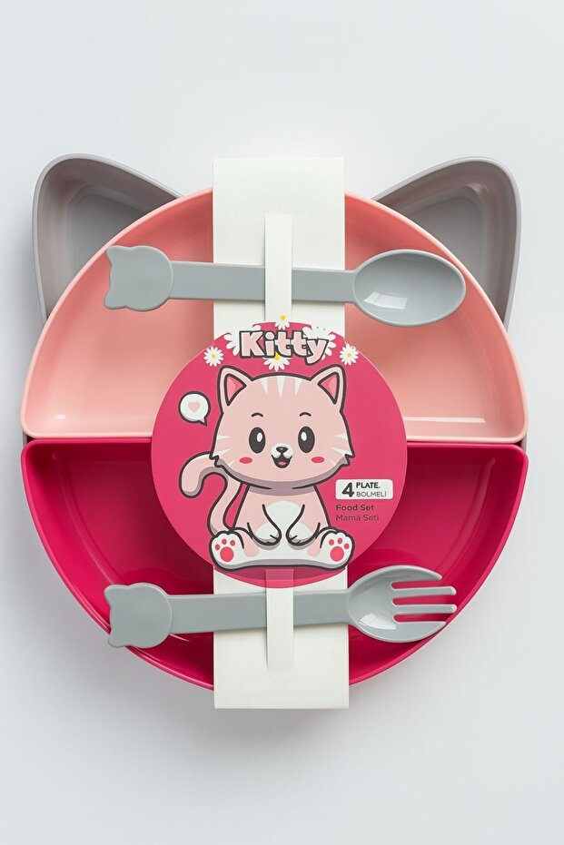Kitty 4 Compartment Food Nutrition Plate and Fork Spoon Set Purple (7 Pieces)
